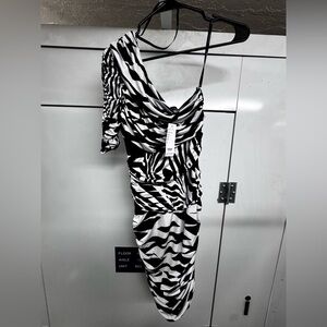 bebe Black and White One-Shoulder Zebra-Print Dress